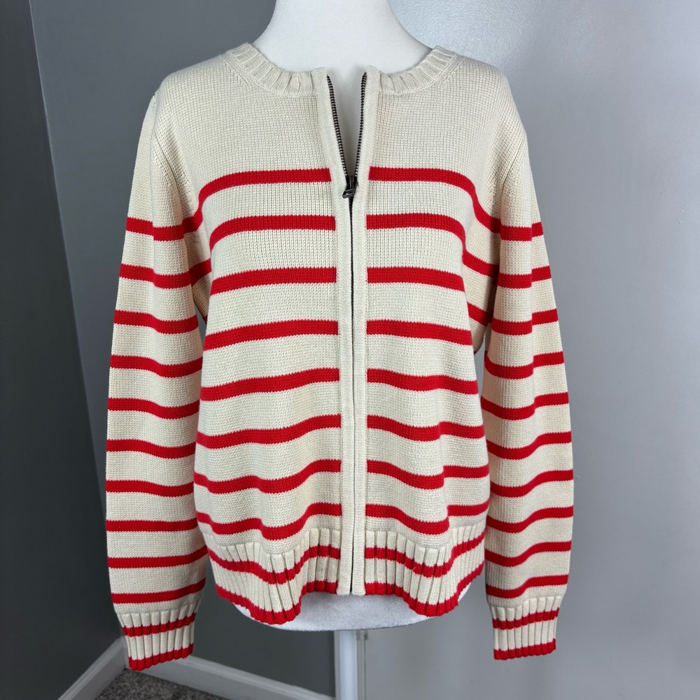 Cream and Red Striped Zip-Front Women's Sweater